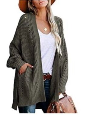 Open-Front Gray Knit Cardigan with Pockets